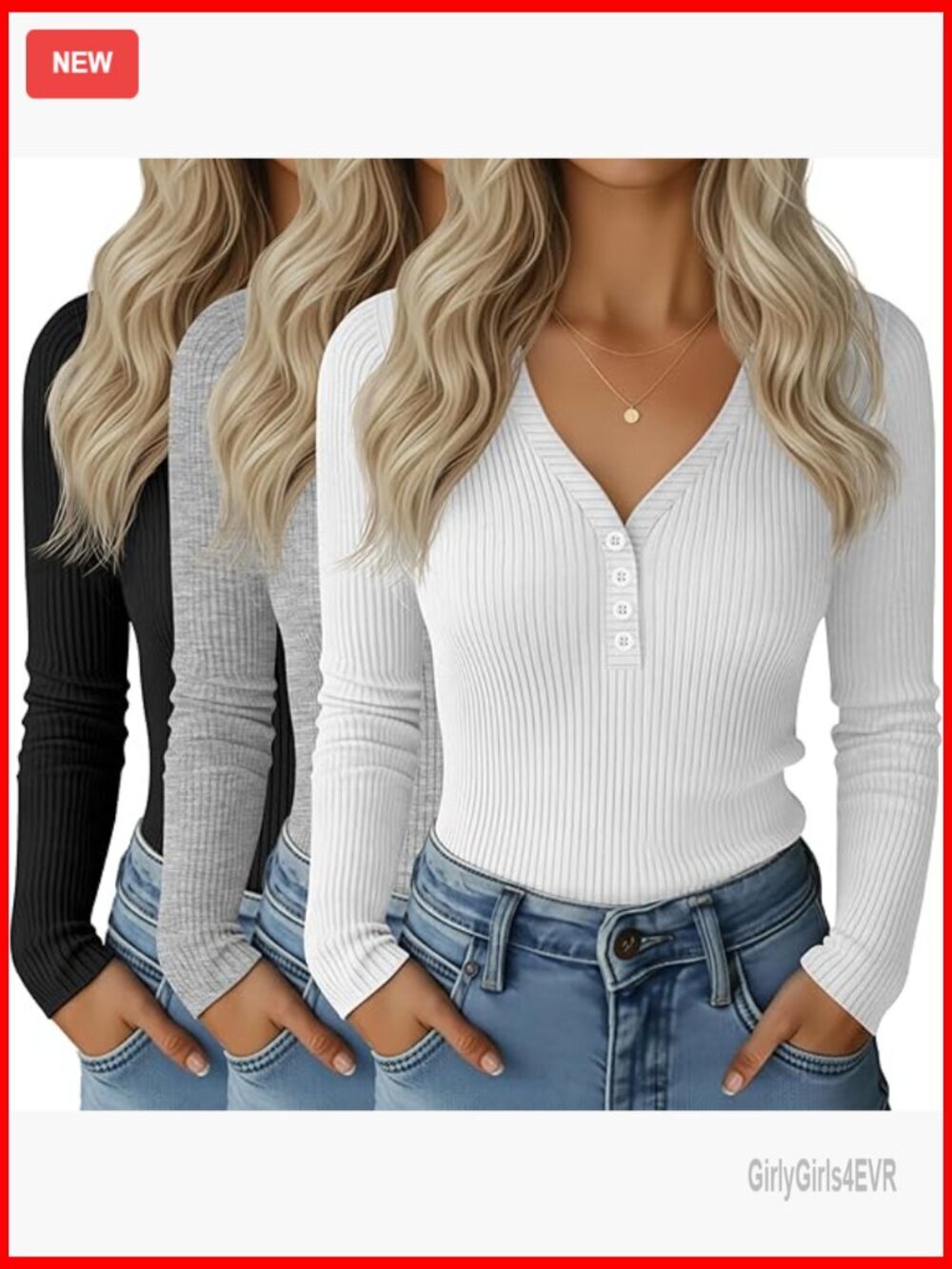 3 Pack Ribbed Henley Long Sleeve Tunic Tops Slim Fit Casual Knit Blouse